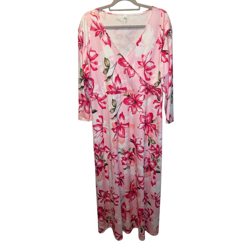 Womens Pink Floral Faux Wrap Maxi Dress Long Sleeve Empire Waist XXXL NEW‎